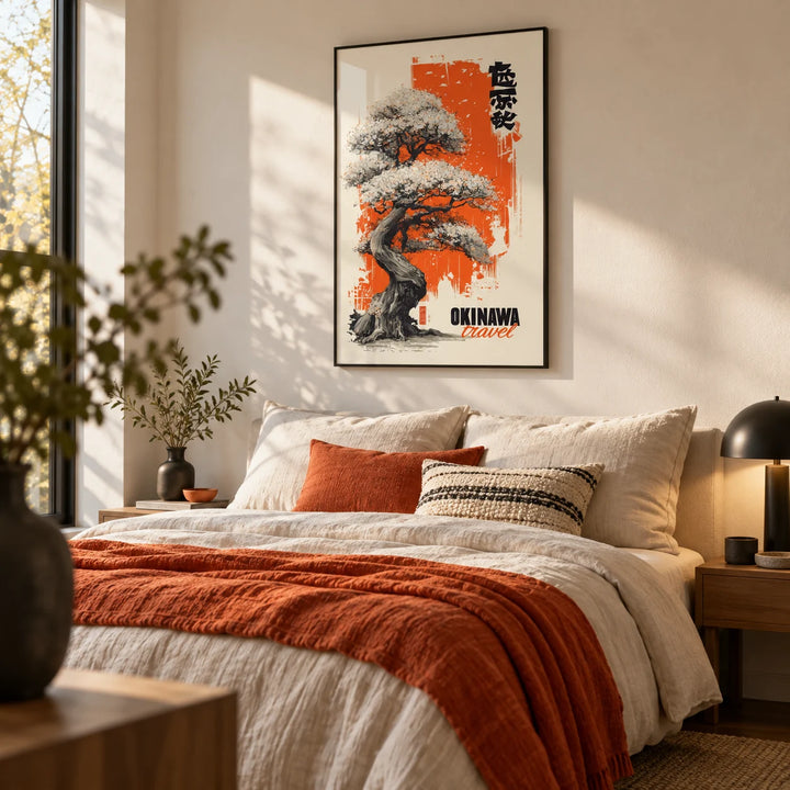 Cherry Blossom Tree Poster, framed on the wall of a modern bedroom