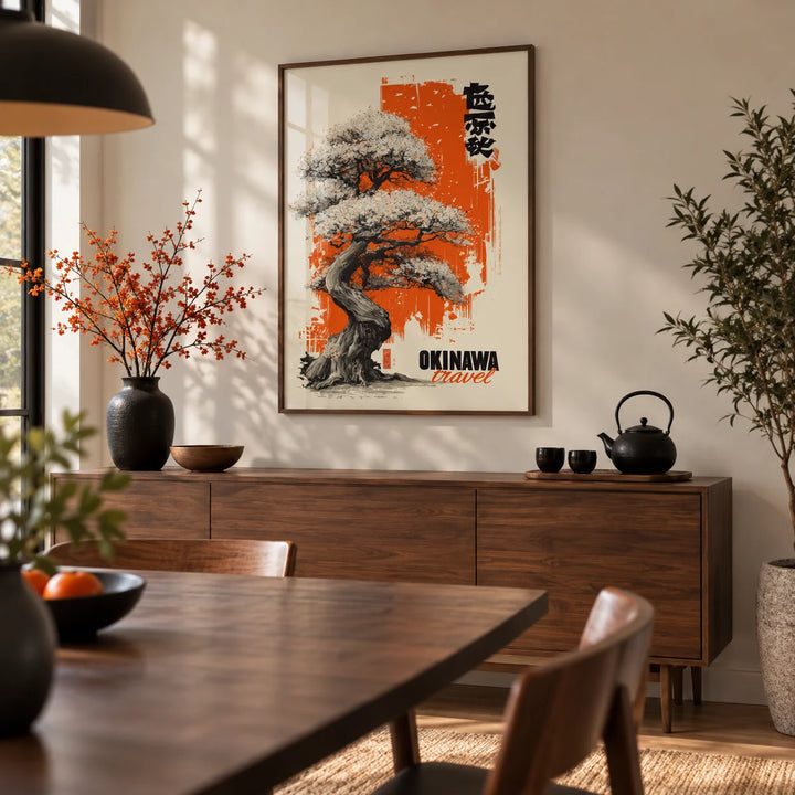 Cherry Blossom Tree Poster, framed on the wall of a modern dining room