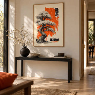 Cherry Blossom Tree Poster, framed on the wall of a modern hallway with pale oak floorboards