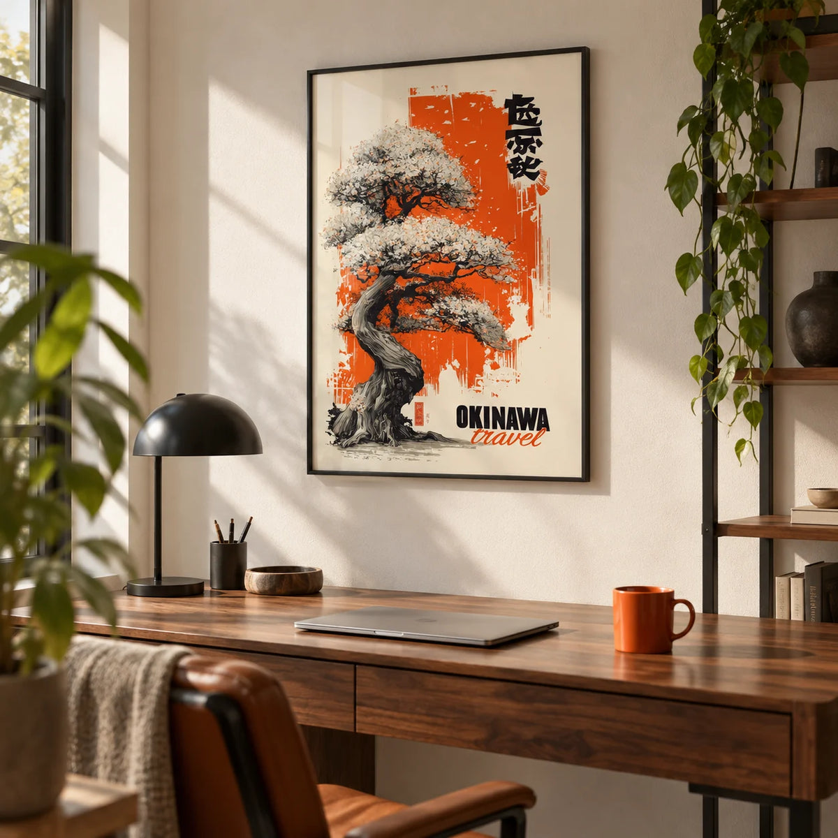 Cherry Blossom Tree Poster, framed on the wall of a modern home office