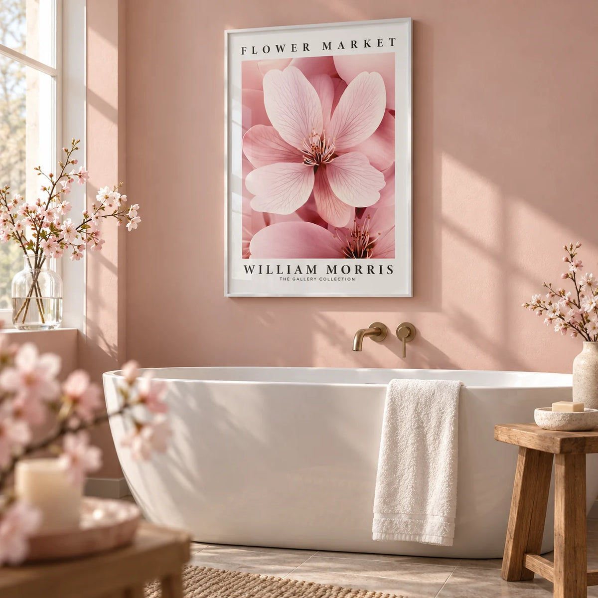 Cherry Blossom Wall Art, framed on the wall of a calm bathroom with a soft blush pink painted wall