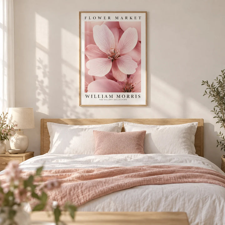 Cherry Blossom Wall Art, framed on the wall of a calm bedroom with a soft white wall