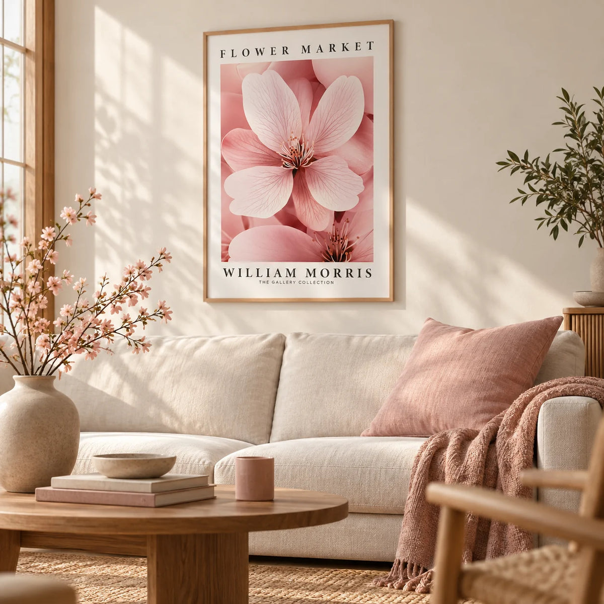 Cherry Blossom Wall Art, framed on the wall of a calm Japandi living room with a warm white wall