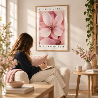 Cherry Blossom Wall Art, framed on the wall of a calm reading corner with a warm white wall in a living room