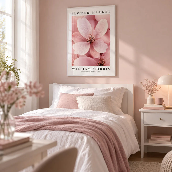 Cherry Blossom Wall Art, framed on the wall of a calm single bedroom for a teen girl (13-17) with a pale blush wall