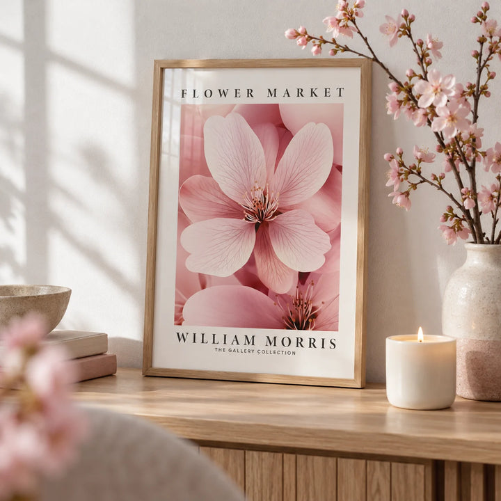 Cherry Blossom Wall Art, a small A4 framed print leaning on a pale oak shelf in a living room