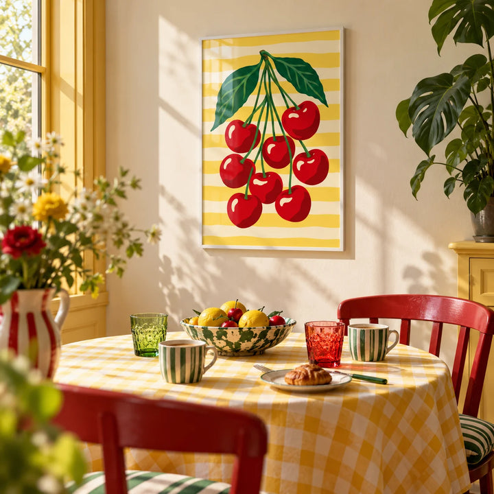 Cherry Bunch Print, framed on the wall of a bright breakfast nook in a kitchen