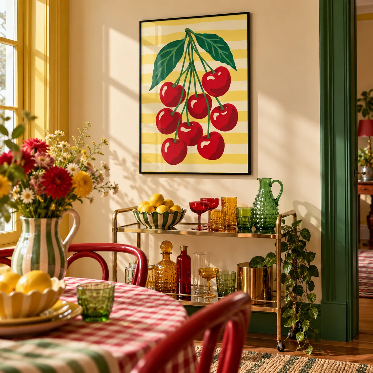 Cherry Bunch Print, framed on the wall of a colourful dining corner