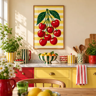 Cherry Bunch Print, framed on the wall of a colourful dopamine kitchen