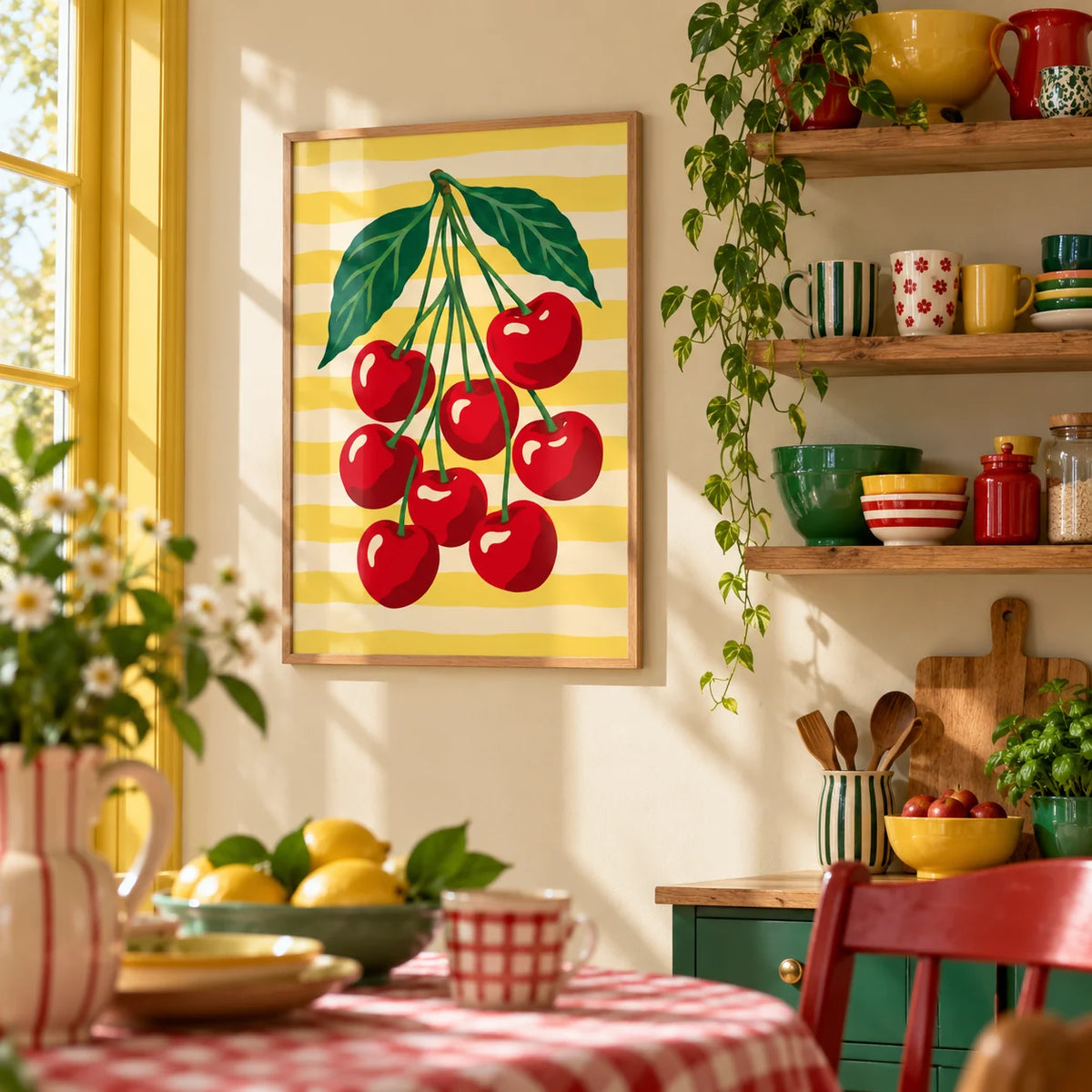 Cherry Bunch Print, framed on the wall of a fun kitchen corner