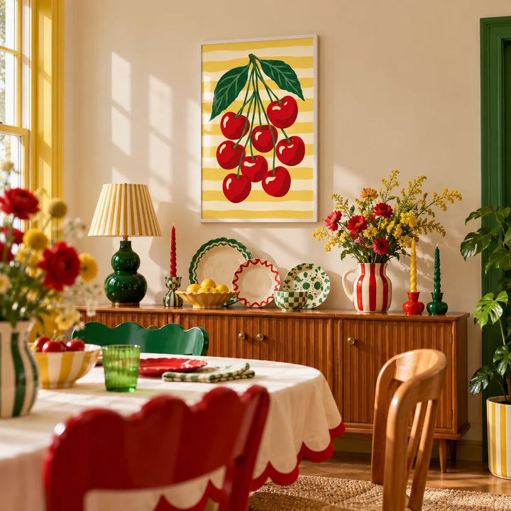 Cherry Bunch Print, framed on the wall of a maximalist dining room