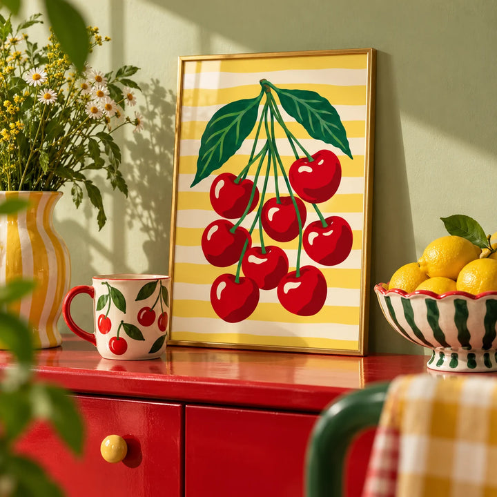 Cherry Bunch Print, a small A4 framed print leaning on a colourful lacquered shelf in a living room