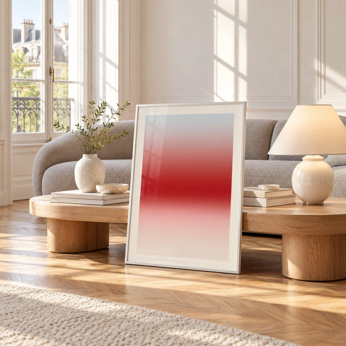 Cherry Glow Print, framed and leaning against a coffee table in a bright living room