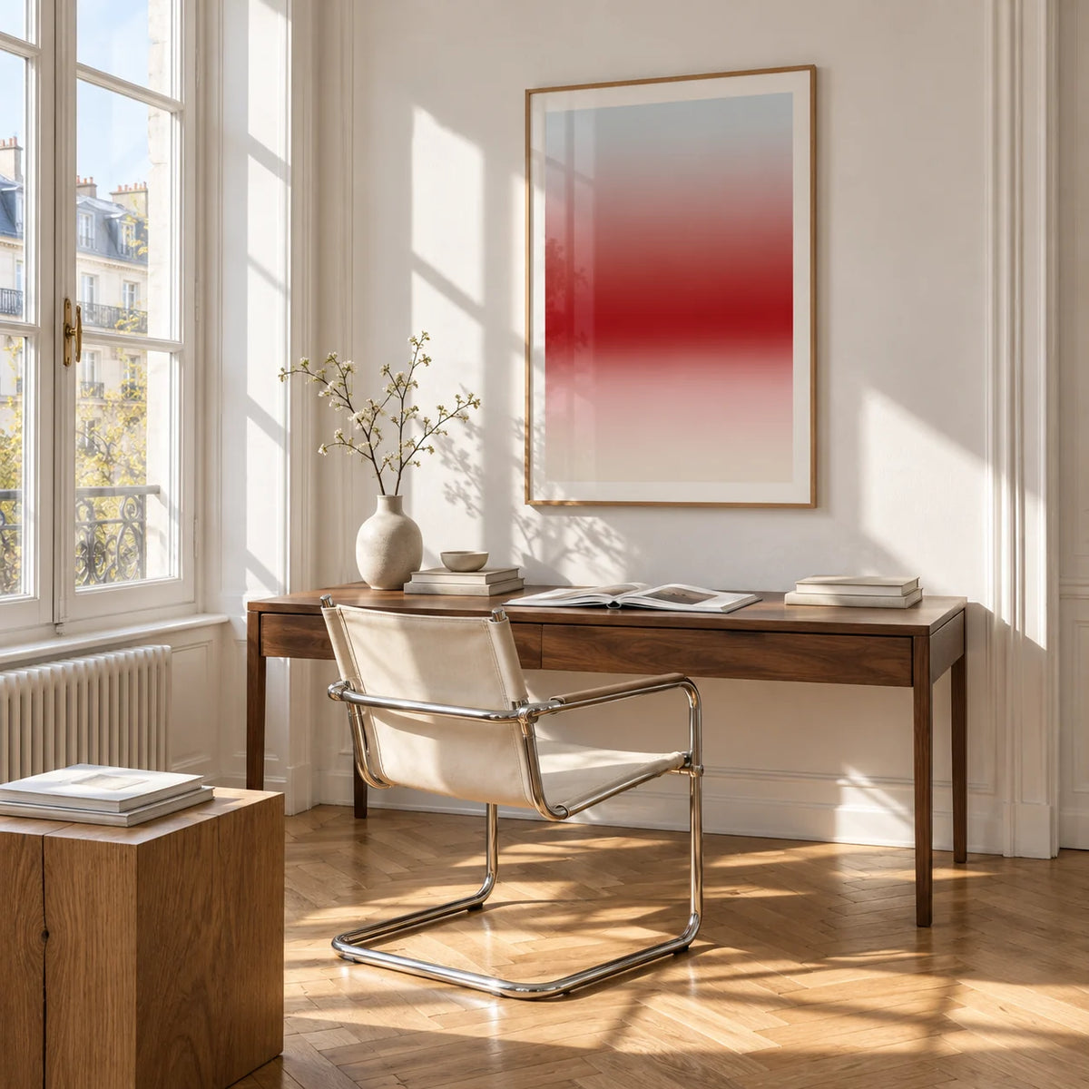 Cherry Glow Print, framed on the wall of a bright study corner with a tall white paned window