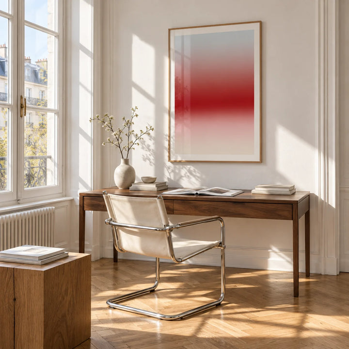 Cherry Glow Print, framed on the wall of a bright study corner with a tall white paned window