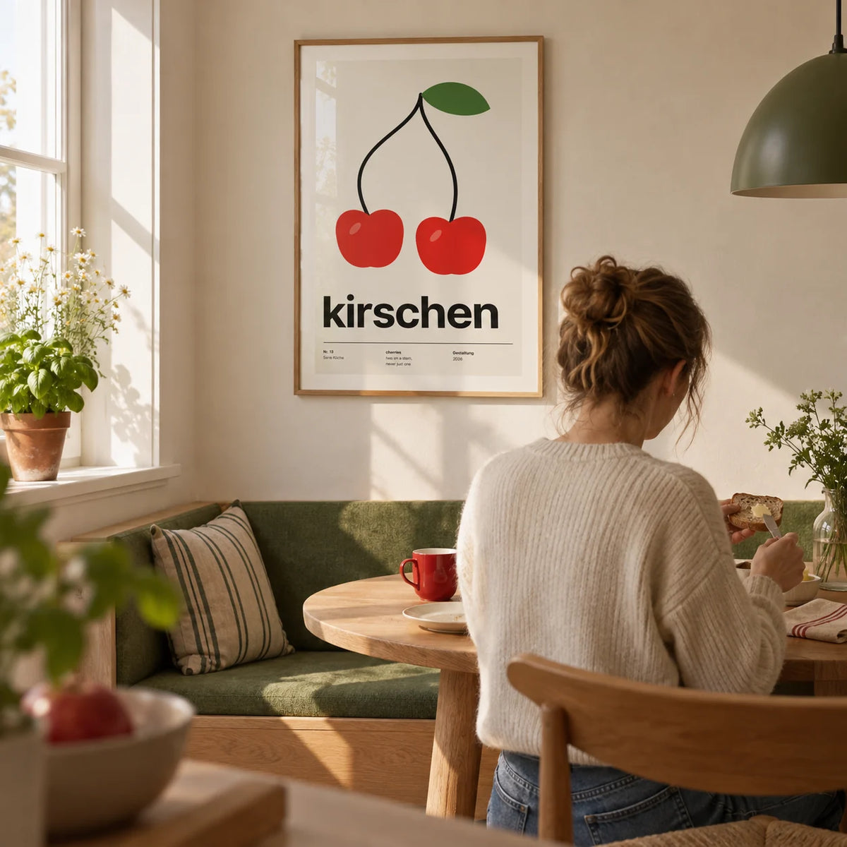 Cherry Print, framed on the wall of a compact breakfast nook in a first flat for a couple aged 22-28 in a kitchen