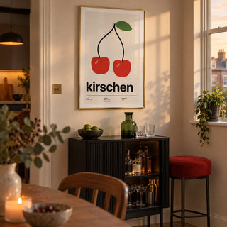 Cherry Print, framed on the wall of a compact home bar alcove beside the dining area of a modern UK maisonette