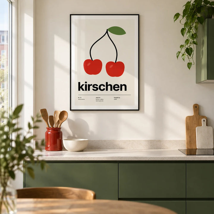 Cherry Print, framed on the wall of a crisp modern kitchen in a UK city flat with ivory walls