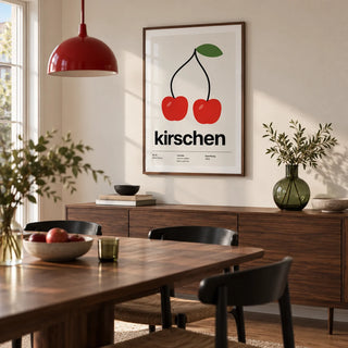 Cherry Print, framed on the wall of a design-led dining room in a renovated UK terrace with warm white walls and a walnut dining table