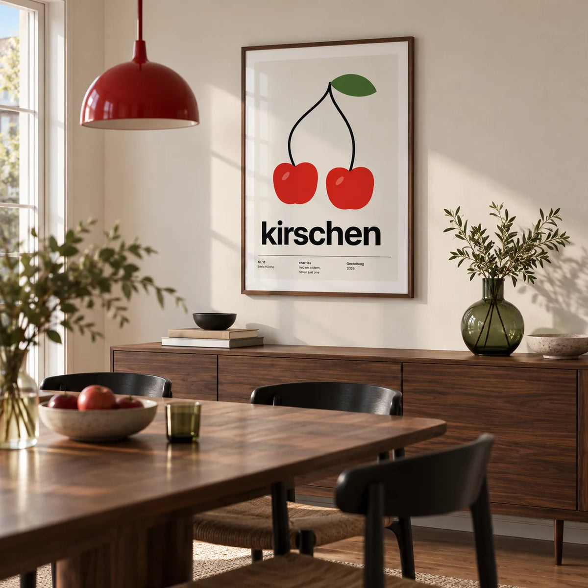 Cherry Print, framed on the wall of a design-led dining room in a renovated UK terrace with warm white walls and a walnut dining table