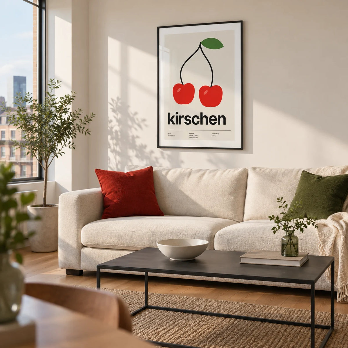 Cherry Print, framed on the wall of a modern living room in a UK city apartment with warm white walls and an oak floor