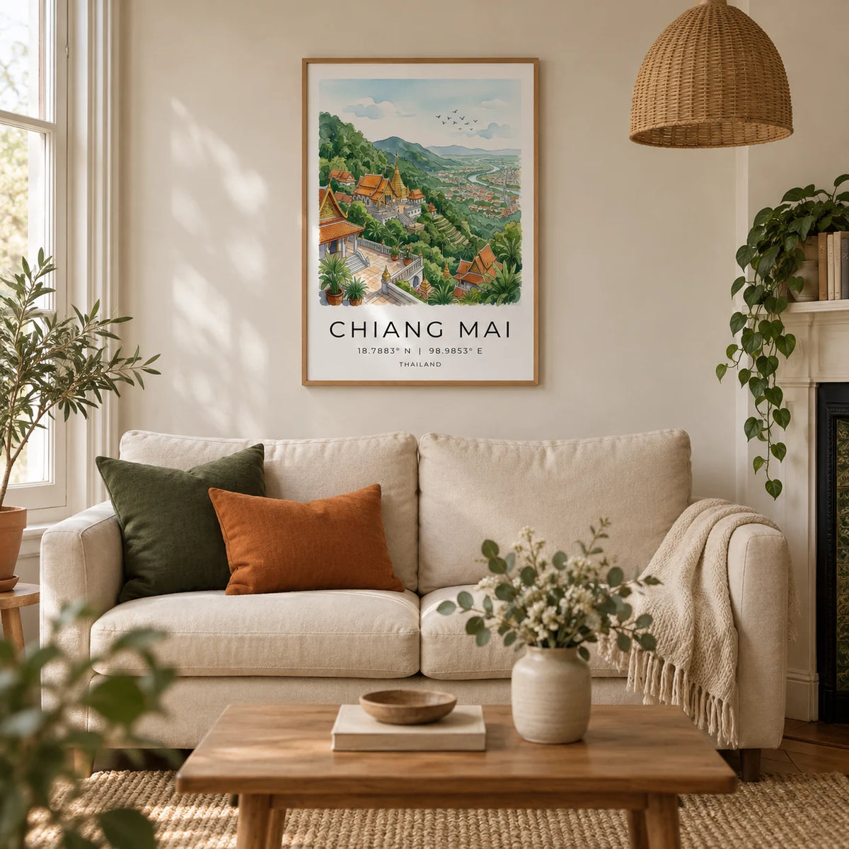 Chiang Mai Art Print, framed on the wall of a calm living room in a UK Victorian terrace with warm white plaster walls and an oak floor