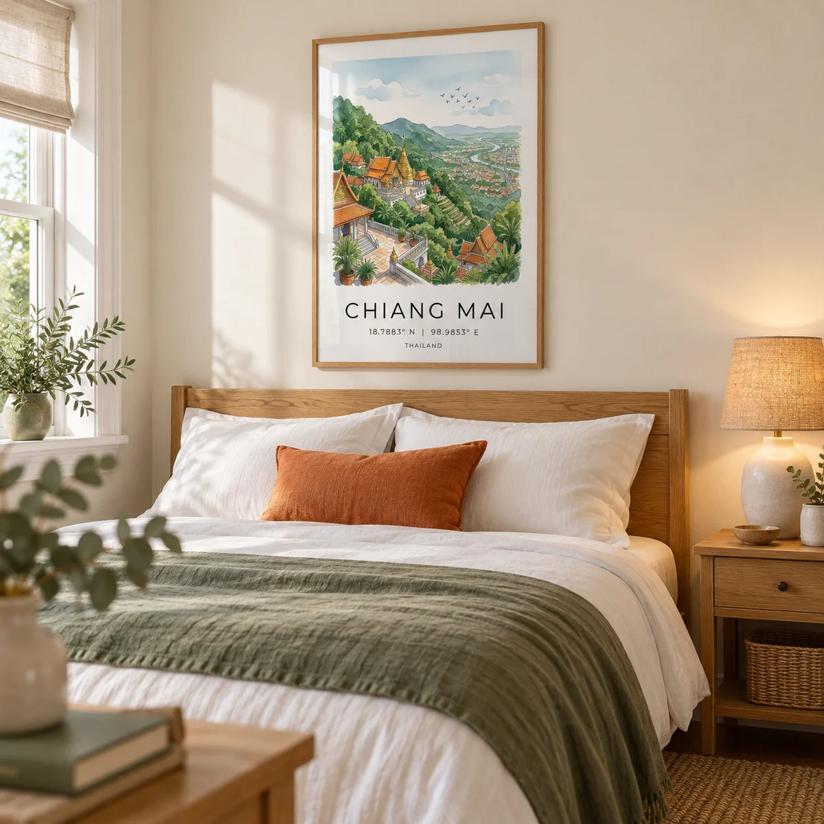 Chiang Mai Art Print, framed on the wall of a peaceful adult bedroom in a UK home with pale cream walls and natural oak furniture