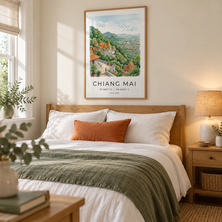Chiang Mai Art Print, framed on the wall of a peaceful adult bedroom in a UK home with pale cream walls and natural oak furniture