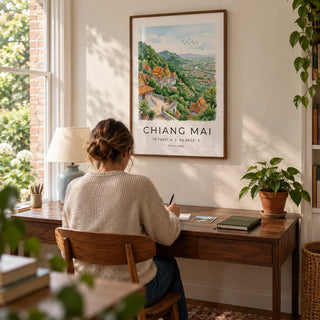Chiang Mai Art Print, framed on the wall of a quiet home study in a UK terrace with a warm white wall and a view of the garden