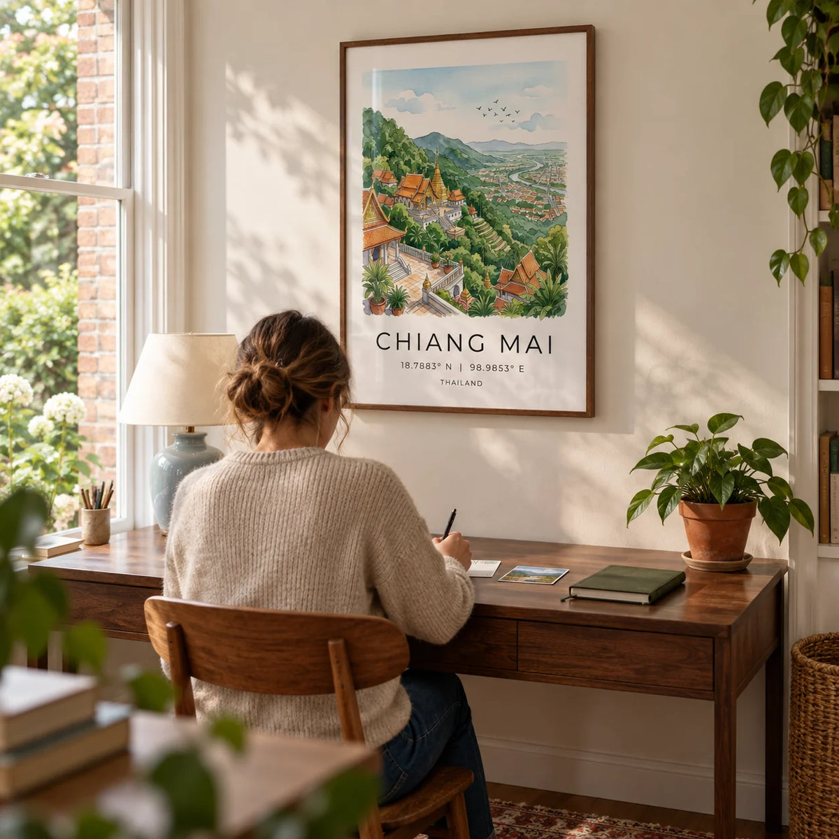 Chiang Mai Art Print, framed on the wall of a quiet home study in a UK terrace with a warm white wall and a view of the garden