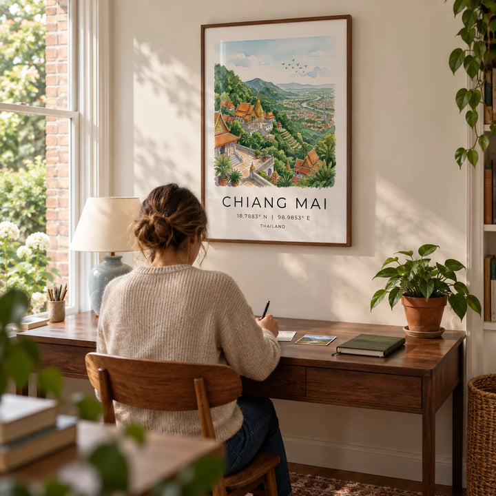 Chiang Mai Art Print, framed on the wall of a quiet home study in a UK terrace with a warm white wall and a view of the garden
