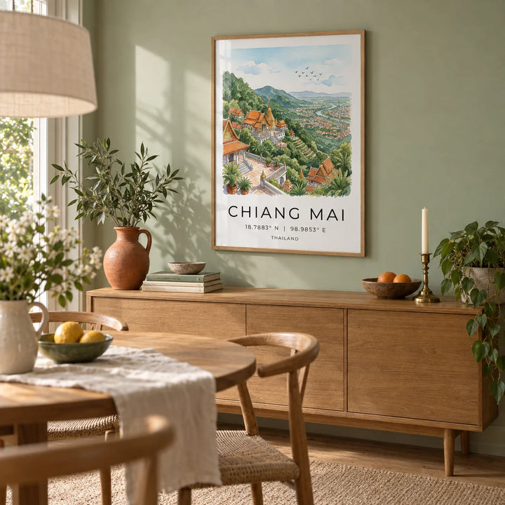 Chiang Mai Art Print, framed on the wall of a relaxed dining room in a UK garden flat with a soft sage green wall and plain oak floorboards