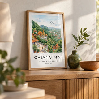 Chiang Mai Art Print, a small A4 framed print leaning on an oak sideboard in a living room