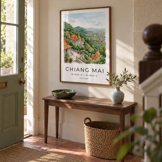 Chiang Mai Art Print, framed on the wall of a welcoming hallway in a UK townhouse with pale stone walls and simple terracotta floor tiles