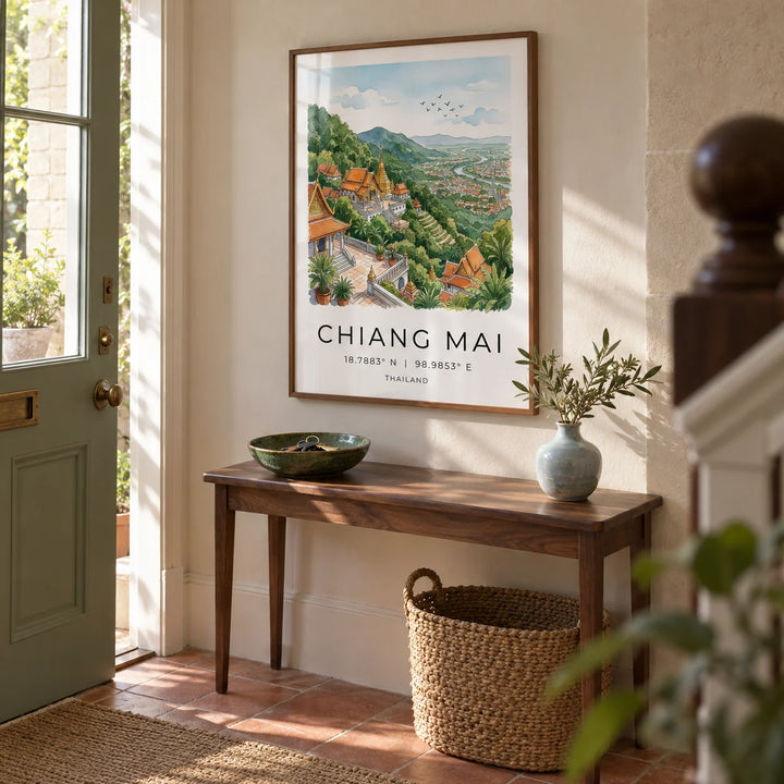 Chiang Mai Art Print, framed on the wall of a welcoming hallway in a UK townhouse with pale stone walls and simple terracotta floor tiles