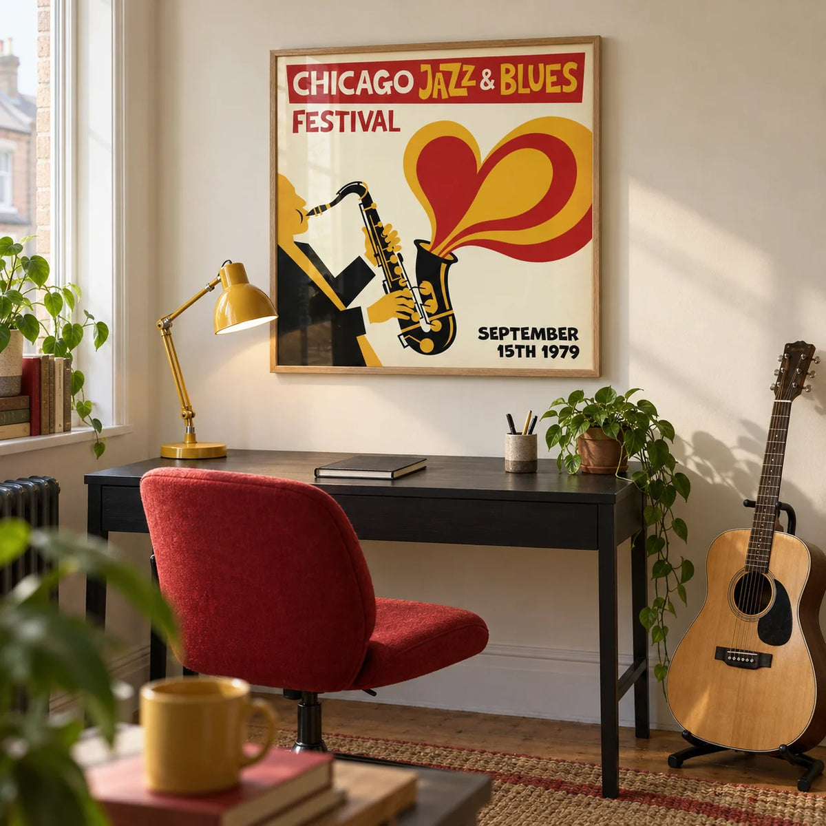 Chicago Blues Poster, framed on the wall of a compact home music study in a UK terrace with a warm cream wall