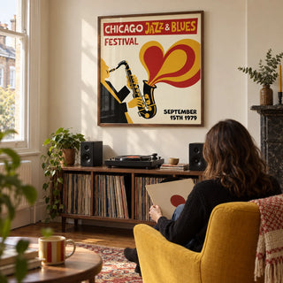 Chicago Blues Poster, framed on the wall of a dedicated listening corner in a Victorian terrace with a cream wall and low walnut record storage in a living room