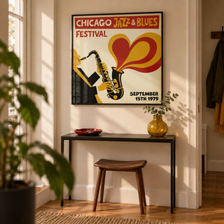 Chicago Blues Poster, framed on the wall of a design-led hallway in a UK first flat for a music lover (25-35)