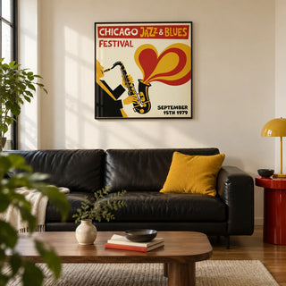 Chicago Blues Poster, framed on the wall of a graphic modern living room in a UK city flat with warm cream walls and a walnut floor