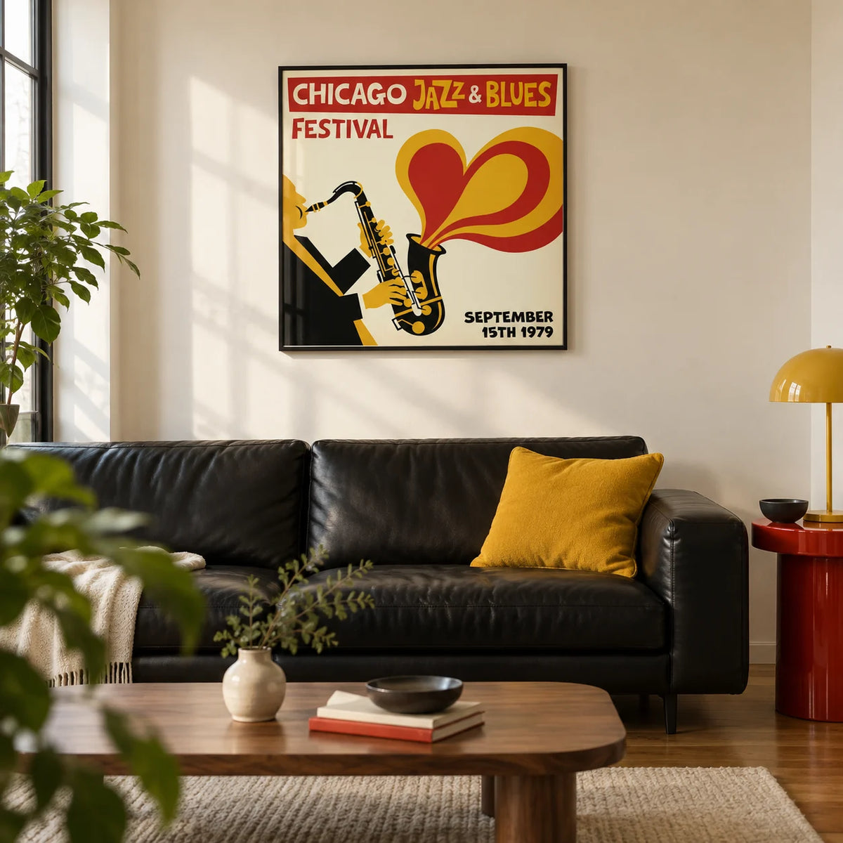 Chicago Blues Poster, framed on the wall of a graphic modern living room in a UK city flat with warm cream walls and a walnut floor