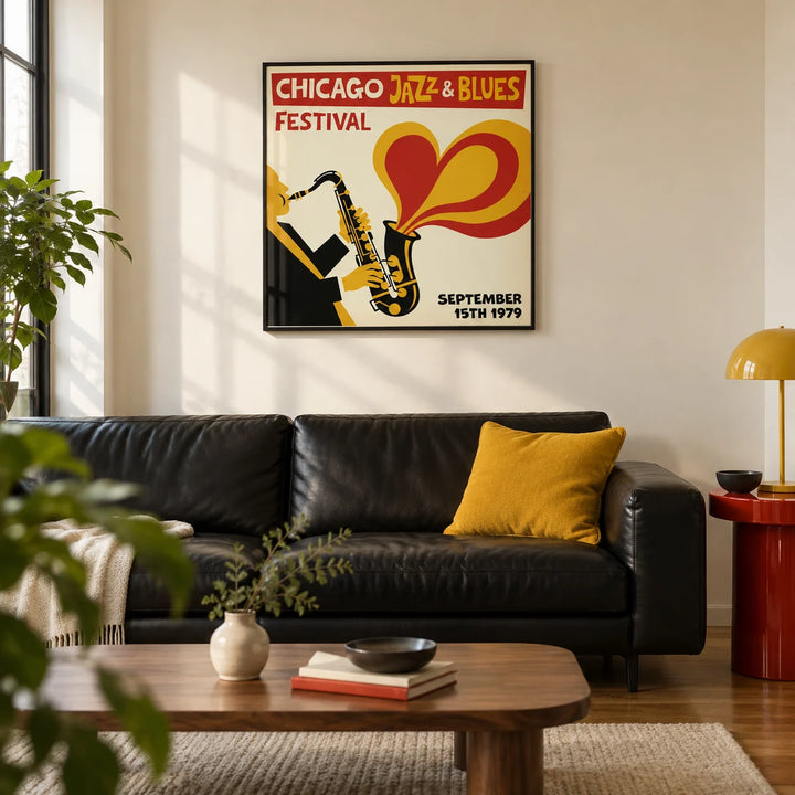 Chicago Blues Poster, framed on the wall of a graphic modern living room in a UK city flat with warm cream walls and a walnut floor