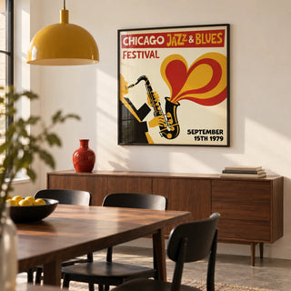 Chicago Blues Poster, framed on the wall of a modern dining room in a UK maisonette with warm white walls and a polished concrete floor