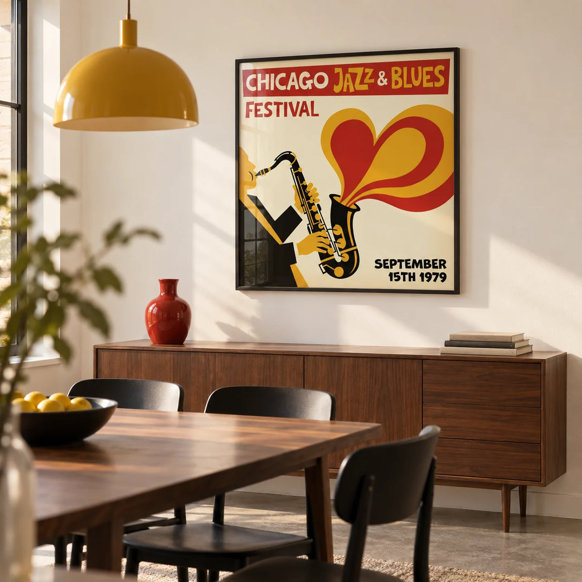 Chicago Blues Poster, framed on the wall of a modern dining room in a UK maisonette with warm white walls and a polished concrete floor