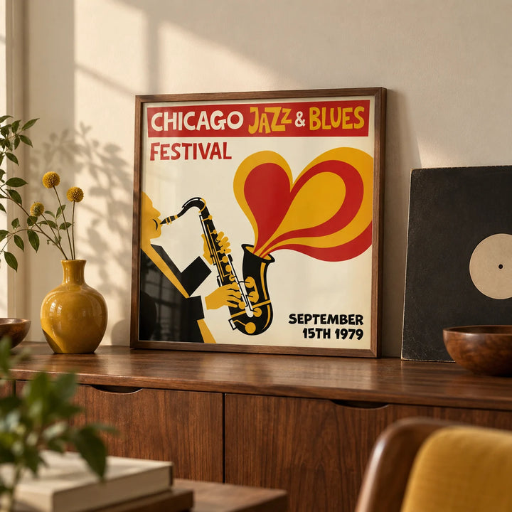 Chicago Blues Poster, a small A4 framed print leaning on a walnut sideboard in a living room