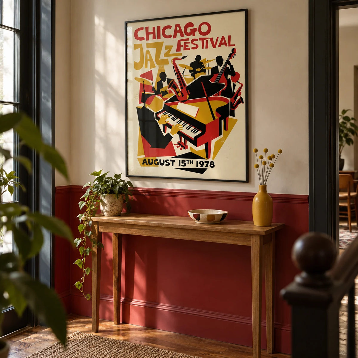 Chicago Jazz Festival Poster, framed on the wall of a characterful hallway with a deep red painted lower wall