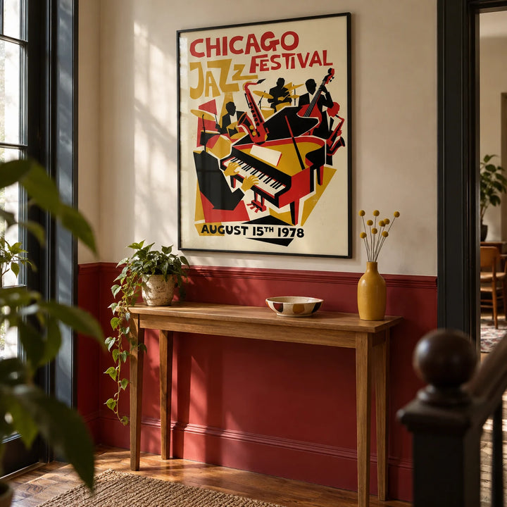 Chicago Jazz Festival Poster, framed on the wall of a characterful hallway with a deep red painted lower wall