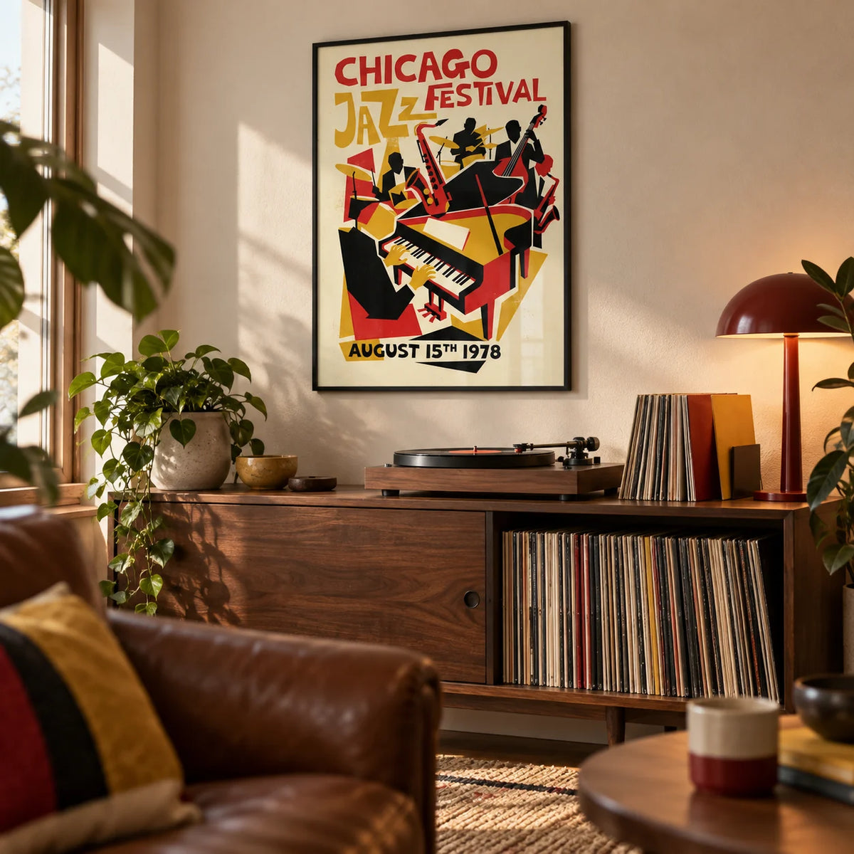 Chicago Jazz Festival Poster, framed on the wall of a characterful music room in a living room