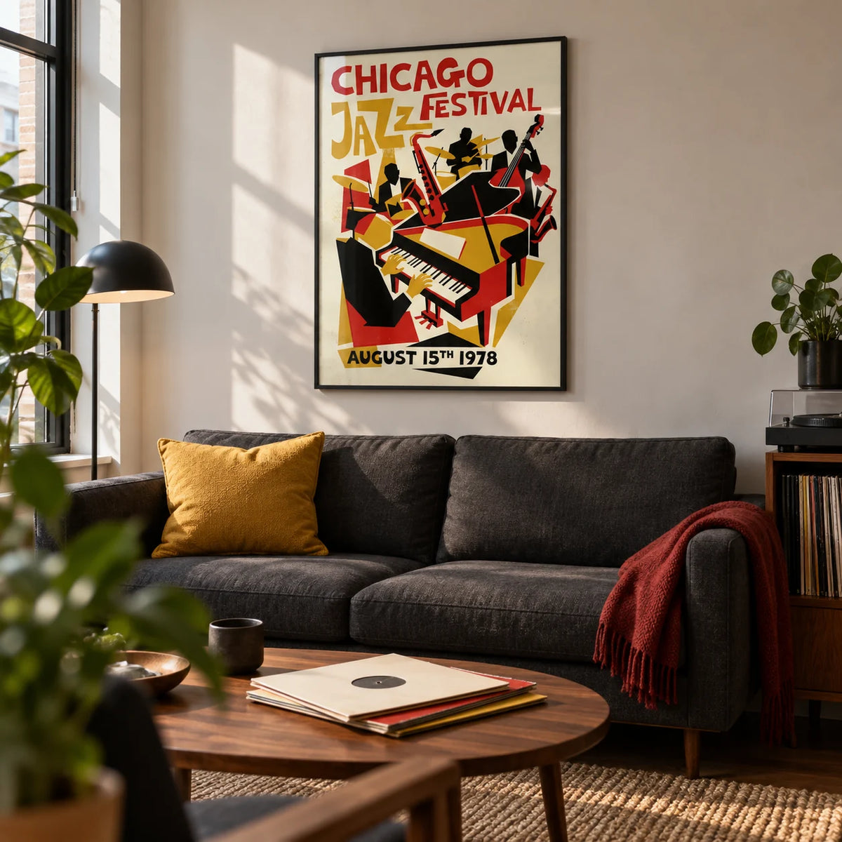 Chicago Jazz Festival Poster, framed on the wall of a modern city flat living room