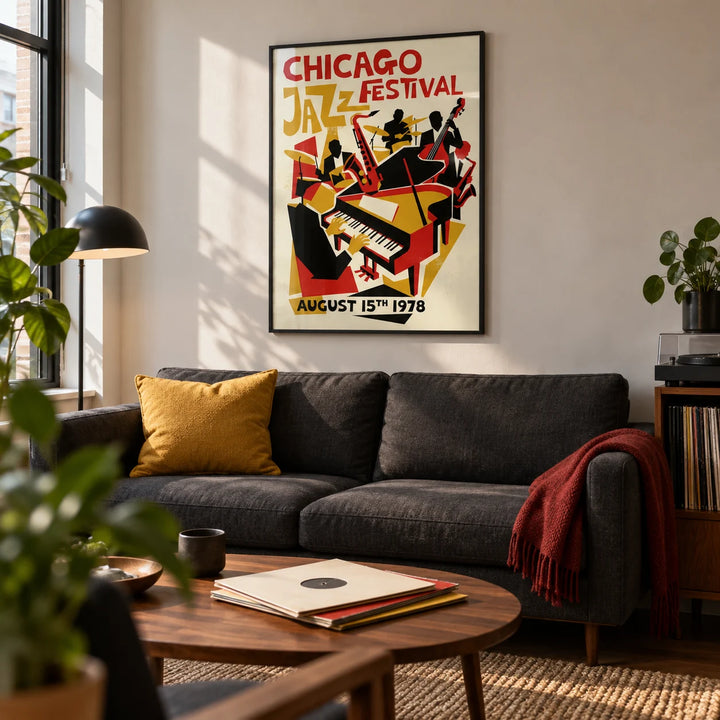 Chicago Jazz Festival Poster, framed on the wall of a modern city flat living room