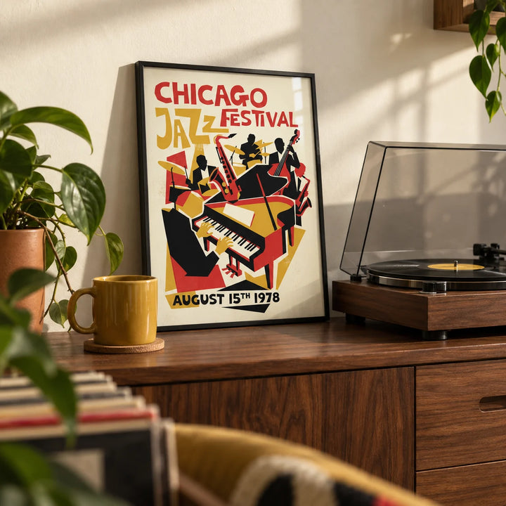 Chicago Jazz Festival Poster, a small A4 framed print leaning on a shelf in a living room